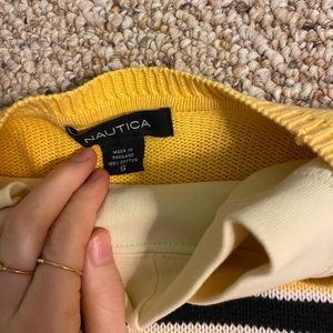 Navy blue and yellow sweater with pale yellow shirt inside(detachable)